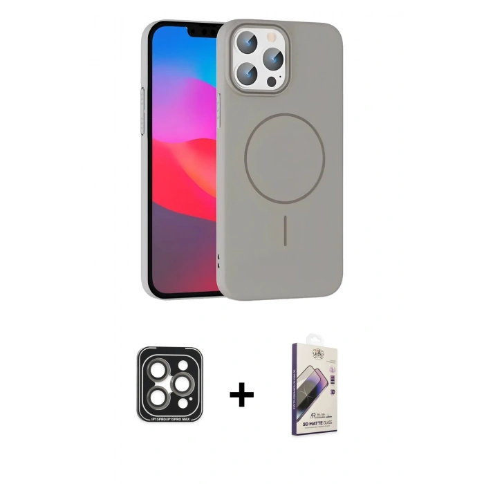 MARSİLYAN™- iPhone 15 Pro Max Kılıf Siluet Doku Özel Seri - Siyah Bilvis 3D Mat Cam Ekran Koruyucu + PVD Metal Kamera Lens - GI