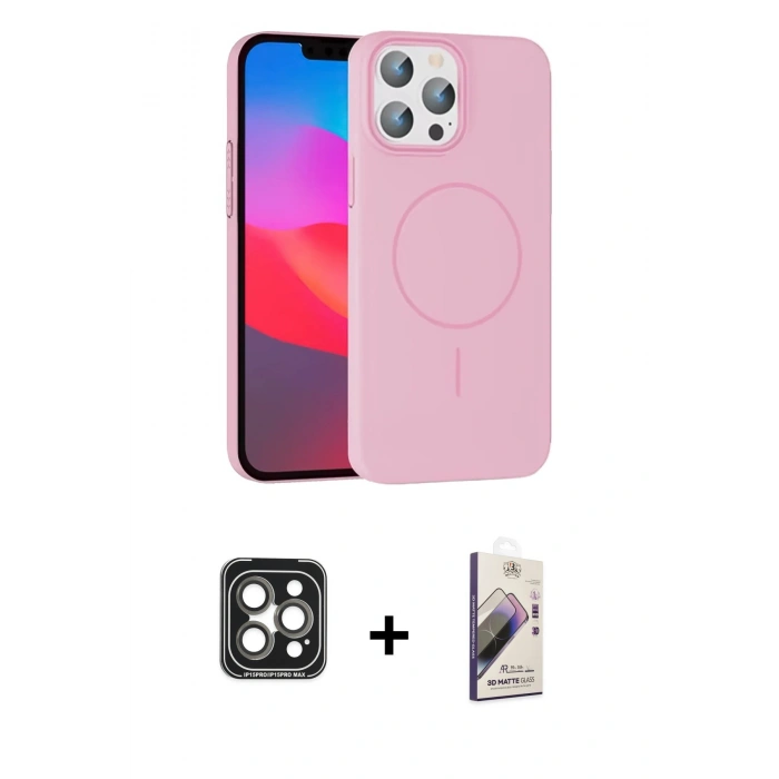 MARSİLYAN™- iPhone 15 Pro Max Kılıf Siluet Doku Özel Seri - Siyah Bilvis 3D Mat Cam Ekran Koruyucu + PVD Metal Kamera Lens - GI