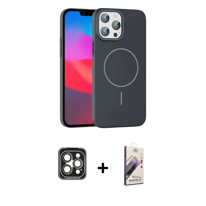 MARSİLYAN™- iPhone 15 Pro Max Kılıf Siluet Doku Özel Seri - Siyah Bilvis 3D Mat Cam Ekran Koruyucu + PVD Metal Kamera Lens - GI