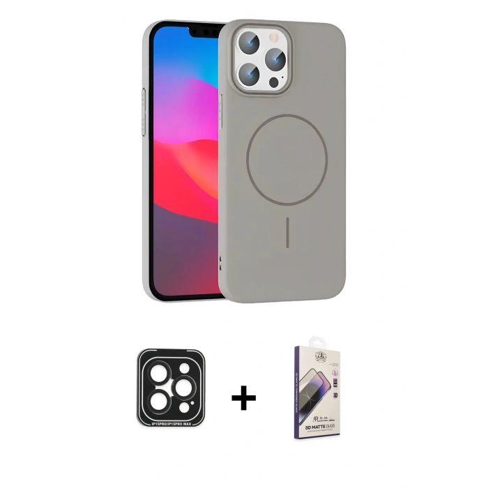 MARSİLYAN™- iPhone 15 Pro Max Kılıf Siluet Doku Özel Seri - Siyah Bilvis 3D Mat Cam Ekran Koruyucu + PVD Metal Kamera Lens - SH