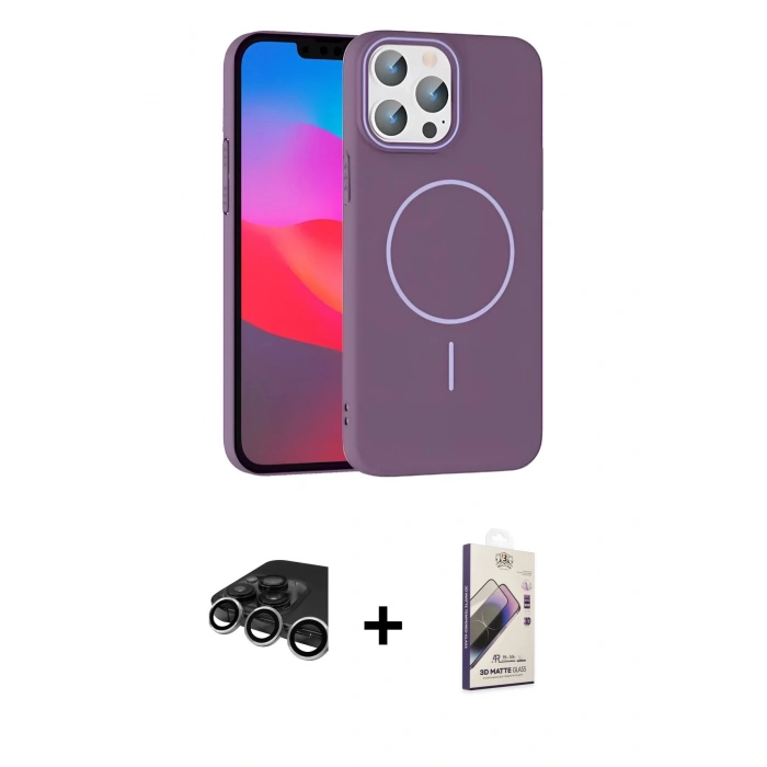 MARSİLYAN™- iPhone 15 Pro Max Kılıf Siluet Doku Özel Seri - Siyah Bilvis 3D Mat Cam Ekran Koruyucu + Raze Metal Kamera Lens - GS