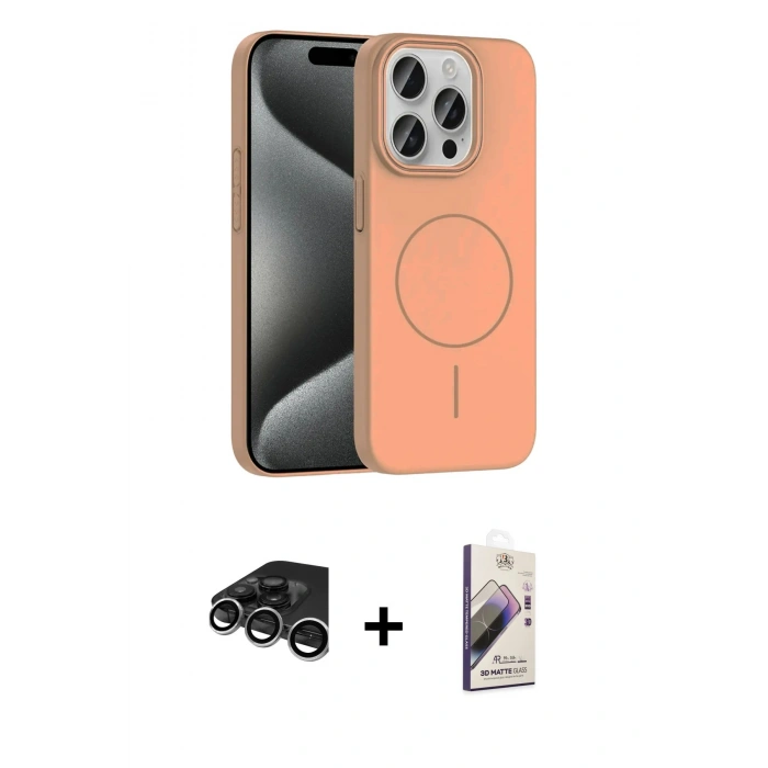 MARSİLYAN™- iPhone 15 Pro Max Kılıf Siluet Doku Özel Seri - Siyah Bilvis 3D Mat Cam Ekran Koruyucu + Raze Metal Kamera Lens - GS