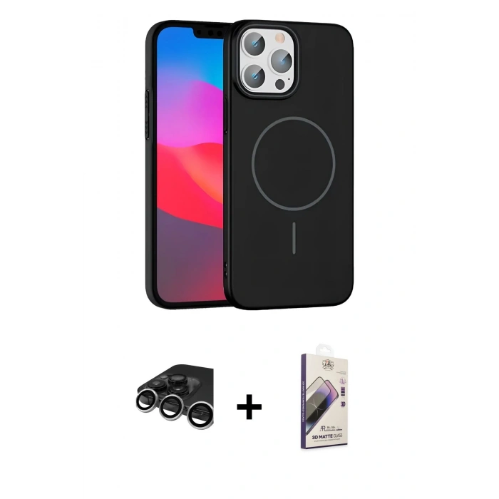 MARSİLYAN™- iPhone 15 Pro Max Kılıf Siluet Doku Özel Seri - Siyah Bilvis 3D Mat Cam Ekran Koruyucu + Raze Metal Kamera Lens - GS
