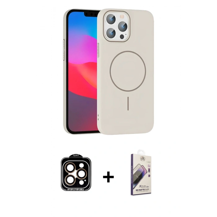 MARSİLYAN™- iPhone 15 Pro Max Kılıf Siluet Doku Özel Seri - Siyah Bilvis 3D Mat Cam Ekran Koruyucu + PVD Metal Kamera Lens - TU