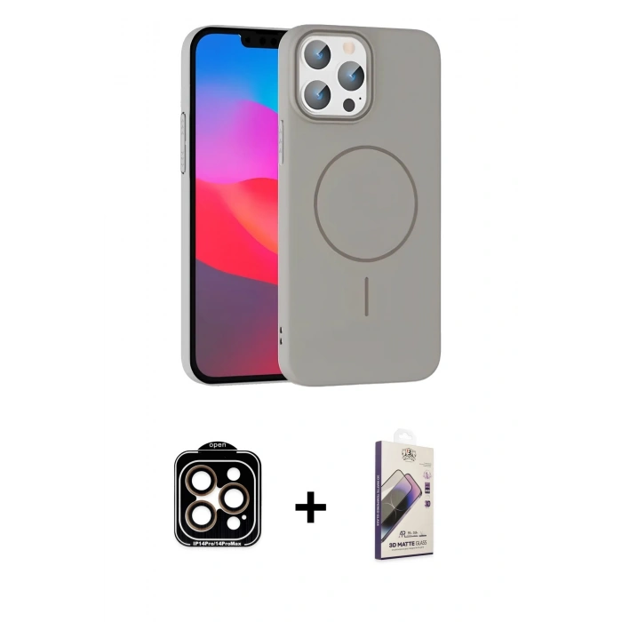 MARSİLYAN™- iPhone 15 Pro Max Kılıf Siluet Doku Özel Seri - Siyah Bilvis 3D Mat Cam Ekran Koruyucu + PVD Metal Kamera Lens - TU