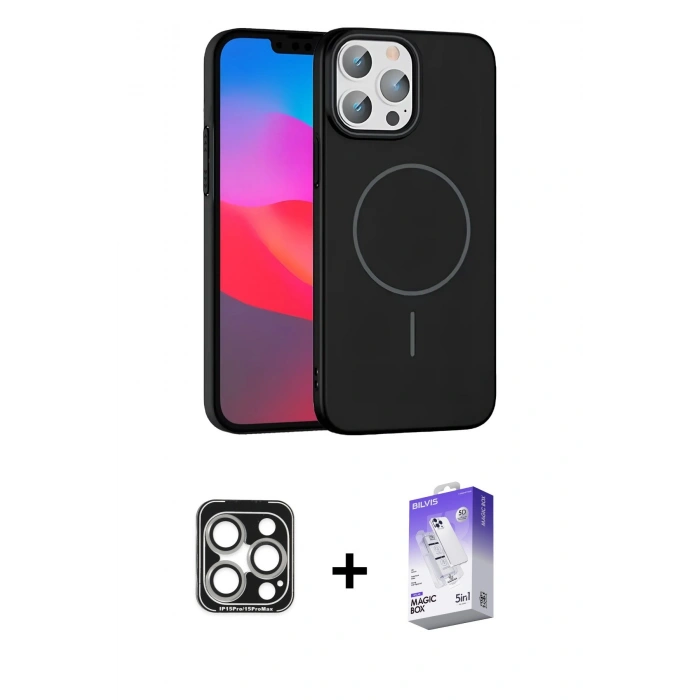 MARSİLYAN™- iPhone 15 Pro Max Kılıf Siluet Doku Özel Seri - Siyah Bilvis 5in1 3D Magic Cam Ekran Koruyucu + Gümüş PVD Metal Kamera Lens