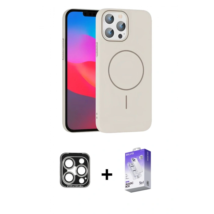 MARSİLYAN™- iPhone 15 Pro Max Kılıf Siluet Doku Özel Seri - Siyah Bilvis 5in1 3D Magic Cam Ekran Koruyucu + Gümüş PVD Metal Kamera Lens