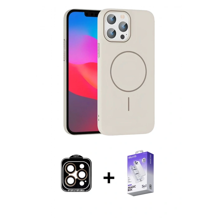 MARSİLYAN™- iPhone 15 Pro Max Kılıf Siluet Doku Özel Seri - Siyah Bilvis 5in1 3D Magic Cam Ekran Koruyucu + PVD Metal Kamera Lens - TU