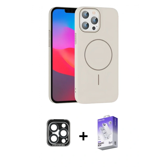 MARSİLYAN™- iPhone 15 Pro Max Kılıf Siluet Doku Özel Seri - Siyah Bilvis 5in1 3D Magic Cam Ekran Koruyucu + PVD Metal Kamera Lens - LT