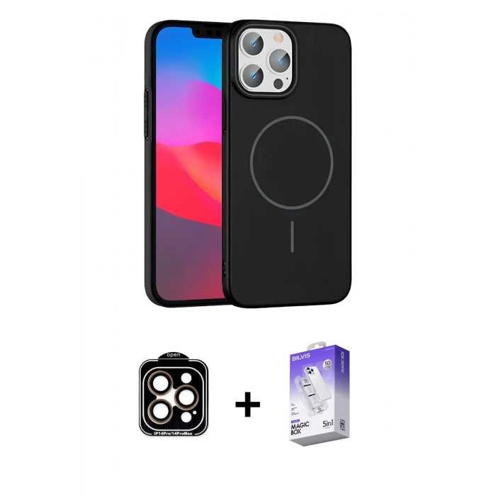 MARSİLYAN™- iPhone 15 Pro Max Kılıf Siluet Doku Özel Seri - Siyah Bilvis 5in1 3D Magic Cam Ekran Koruyucu + PVD Metal Kamera Lens - TU