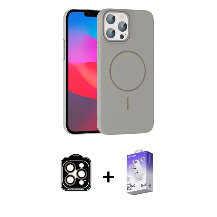 MARSİLYAN™- iPhone 15 Pro Max Kılıf Siluet Doku Özel Seri - Siyah Bilvis 5in1 3D Magic Cam Ekran Koruyucu + PVD Metal Kamera Lens - TU