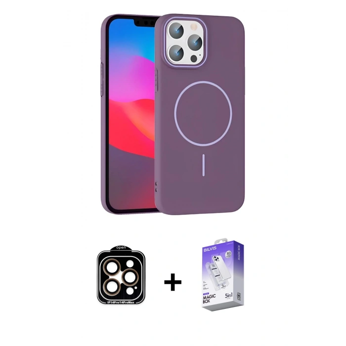 MARSİLYAN™- iPhone 15 Pro Max Kılıf Siluet Doku Özel Seri - Siyah Bilvis 5in1 3D Magic Cam Ekran Koruyucu + PVD Metal Kamera Lens - TU
