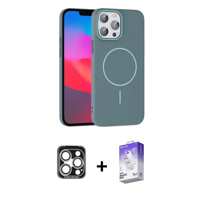 MARSİLYAN™- iPhone 15 Pro Max Kılıf Siluet Doku Özel Seri - Siyah Bilvis 5in1 3D Magic Cam Ekran Koruyucu + Gümüş PVD Metal Kamera Lens