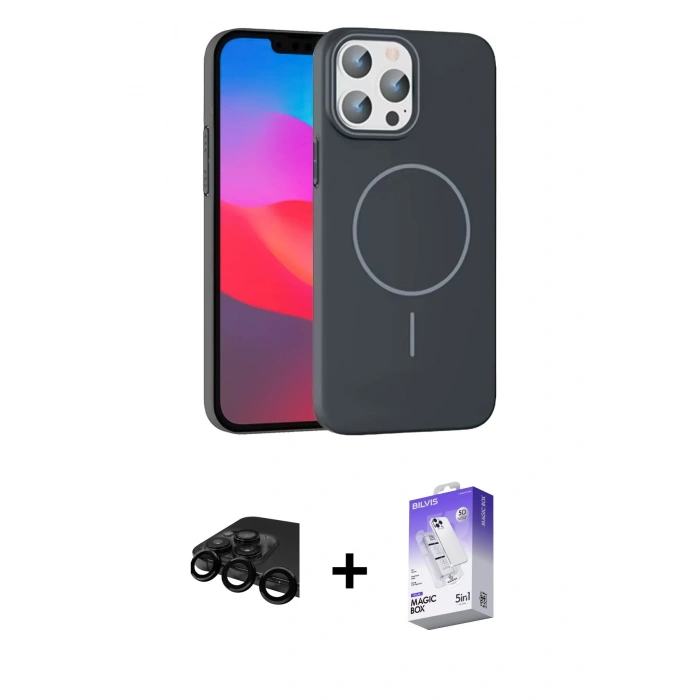 MARSİLYAN™- iPhone 15 Pro Max Kılıf Siluet Doku Özel Seri - Siyah Bilvis 5in1 3D Magic Cam Ekran Koruyucu + Raze Metal Kamera Lens - SH