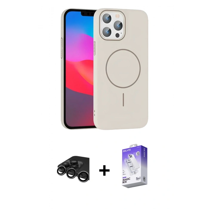 MARSİLYAN™- iPhone 15 Pro Max Kılıf Siluet Doku Özel Seri - Siyah Bilvis 5in1 3D Magic Cam Ekran Koruyucu + Raze Metal Kamera Lens - TMGI