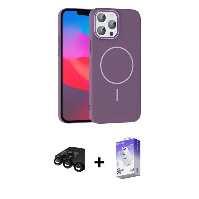 MARSİLYAN™- iPhone 15 Pro Max Kılıf Siluet Doku Özel Seri - Siyah Bilvis 5in1 3D Magic Cam Ekran Koruyucu + Raze Metal Kamera Lens - SH