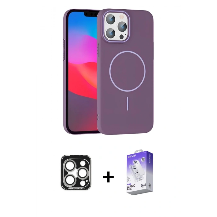 MARSİLYAN™- iPhone 15 Pro Max Kılıf Siluet Doku Özel Seri - Siyah Bilvis 5in1 3D Magic Cam Ekran Koruyucu + Gümüş PVD Metal Kamera Lens