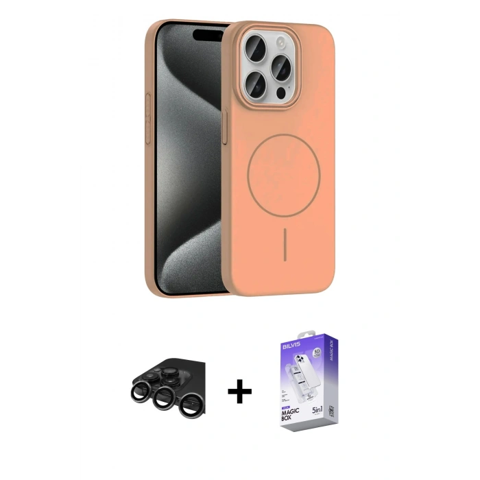 MARSİLYAN™- iPhone 15 Pro Max Kılıf Siluet Doku Özel Seri - Siyah Bilvis 5in1 3D Magic Cam Ekran Koruyucu + Raze Metal Kamera Lens - TMGI