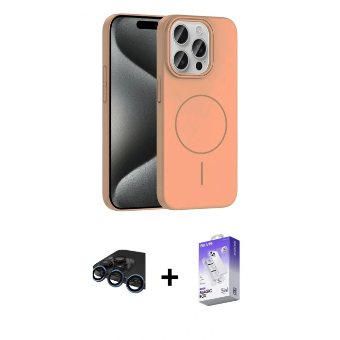 MARSİLYAN™- iPhone 15 Pro Max Kılıf Siluet Doku Özel Seri - Siyah Bilvis 5in1 3D Magic Cam Ekran Koruyucu + Raze Metal Kamera Lens - LT
