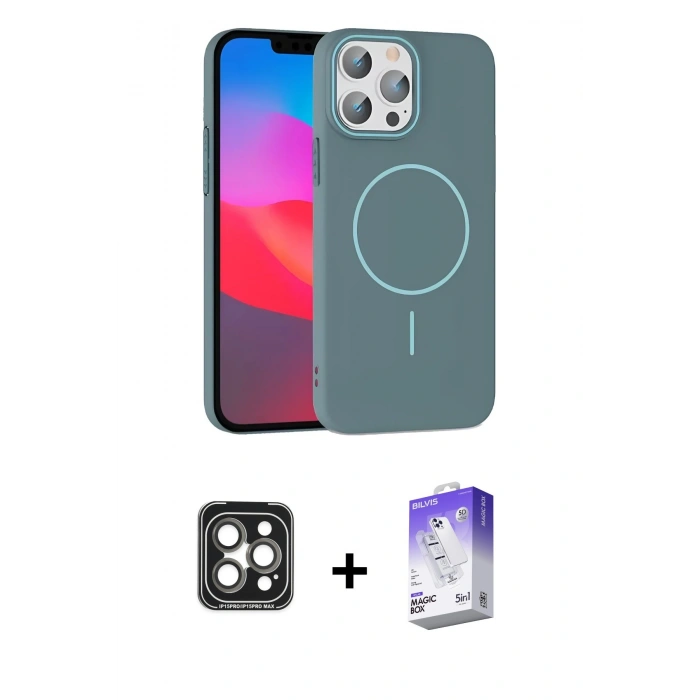 MARSİLYAN™- iPhone 15 Pro Max Kılıf Siluet Doku Özel Seri - Siyah Bilvis 5in1 3D Magic Cam Ekran Koruyucu + PVD Metal Kamera Lens - GI