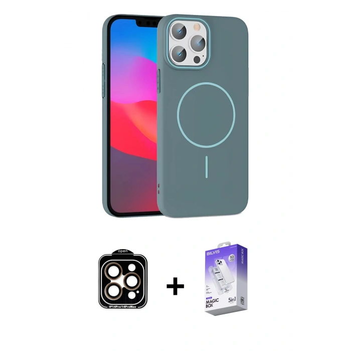 MARSİLYAN™- iPhone 15 Pro Max Kılıf Siluet Doku Özel Seri - Siyah Bilvis 5in1 3D Magic Cam Ekran Koruyucu + PVD Metal Kamera Lens - TU