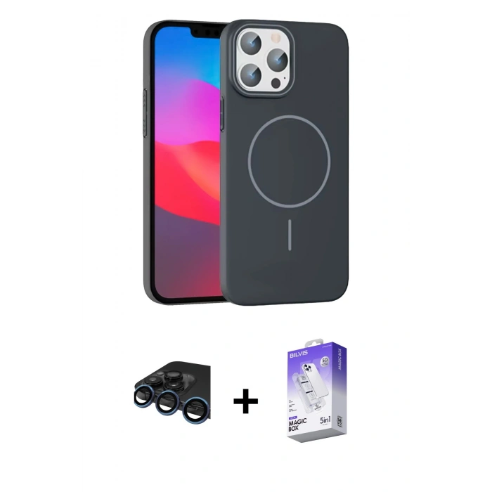 MARSİLYAN™- iPhone 15 Pro Max Kılıf Siluet Doku Özel Seri - Siyah Bilvis 5in1 3D Magic Cam Ekran Koruyucu + Raze Metal Kamera Lens - LT