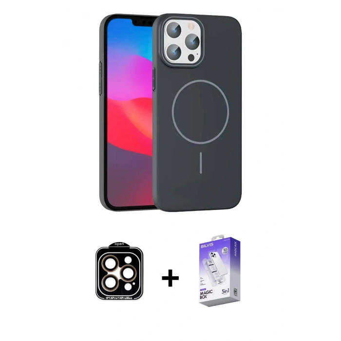 MARSİLYAN™- iPhone 15 Pro Max Kılıf Siluet Doku Özel Seri - Siyah Bilvis 5in1 3D Magic Cam Ekran Koruyucu + PVD Metal Kamera Lens - TU