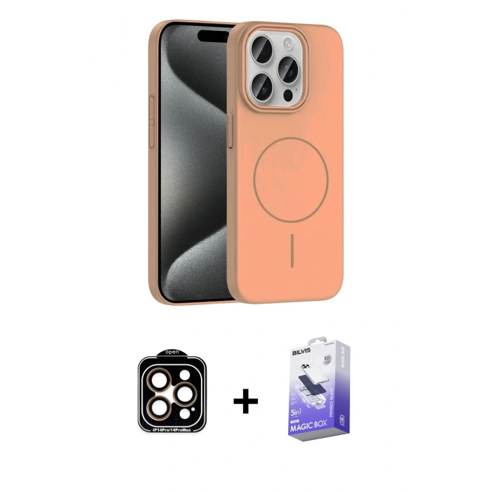 MARSİLYAN™- iPhone 15 Pro Max Kılıf Siluet Doku Özel Seri - Siyah Bilvis 5in1 5D Magic Hayalet Cam Ekran Koruyucu + PVD Metal Kamera Lens - TU