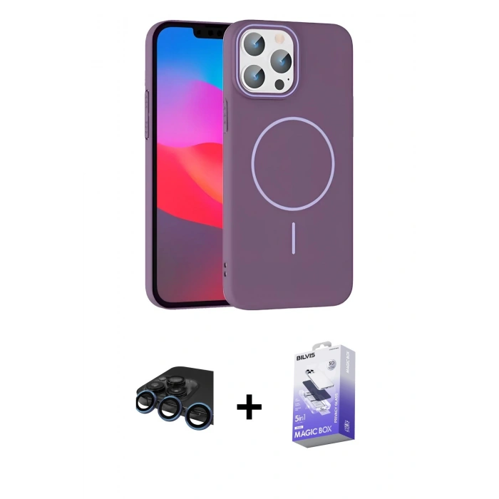 MARSİLYAN™- iPhone 15 Pro Max Kılıf Siluet Doku Özel Seri - Siyah Bilvis 5in1 5D Magic Hayalet Cam Ekran Koruyucu + Raze Metal Kamera Lens - LT