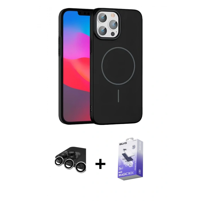 MARSİLYAN™- iPhone 15 Pro Max Kılıf Siluet Doku Özel Seri - Siyah Bilvis 5in1 5D Magic Hayalet Cam Ekran Koruyucu + Raze Metal Kamera Lens - GS