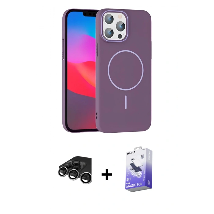 MARSİLYAN™- iPhone 15 Pro Max Kılıf Siluet Doku Özel Seri - Siyah Bilvis 5in1 5D Magic Hayalet Cam Ekran Koruyucu + Raze Metal Kamera Lens - GS
