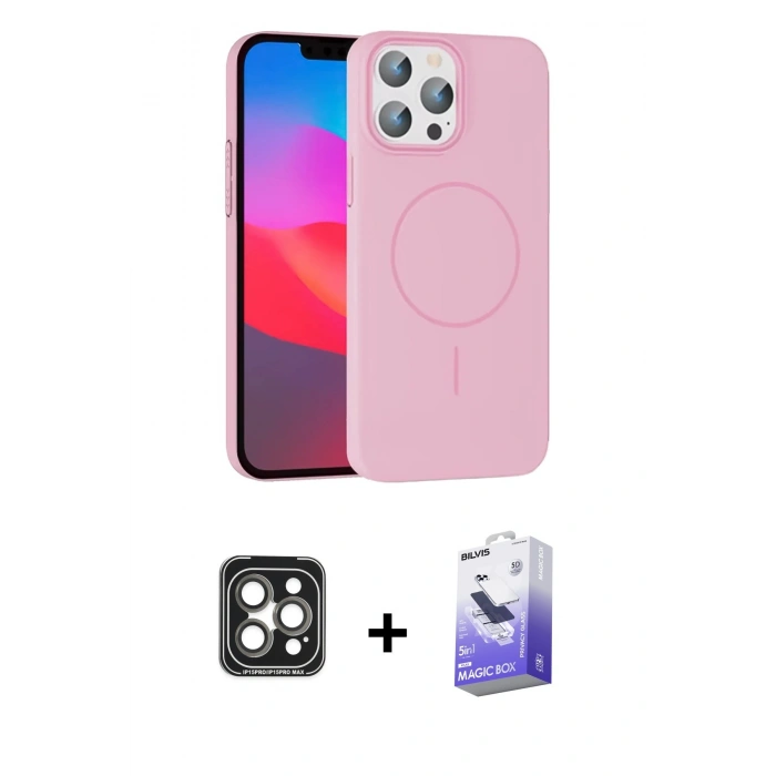 MARSİLYAN™- iPhone 15 Pro Max Kılıf Siluet Doku Özel Seri - Siyah Bilvis 5in1 5D Magic Hayalet Cam Ekran Koruyucu + PVD Metal Kamera Lens - GI