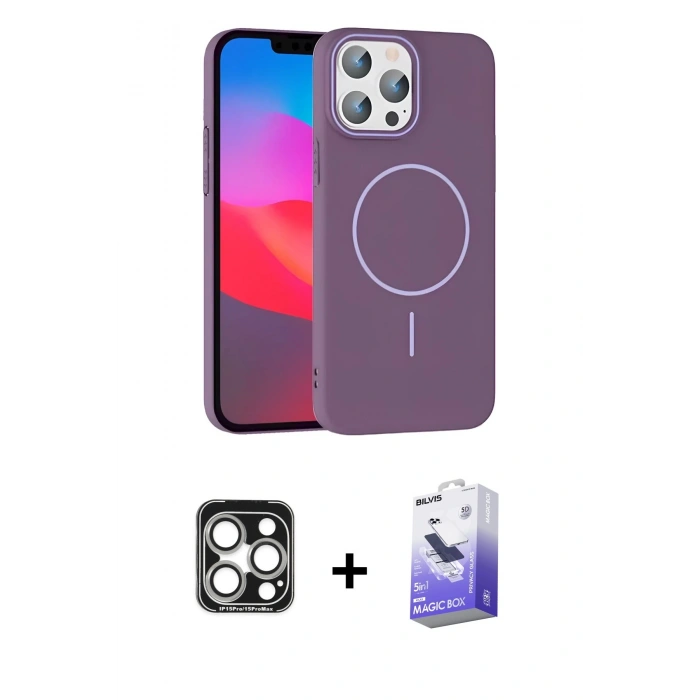 MARSİLYAN™- iPhone 15 Pro Max Kılıf Siluet Doku Özel Seri - Siyah Bilvis 5in1 5D Magic Hayalet Cam Ekran Koruyucu + Gümüş PVD Metal Kamera Lens