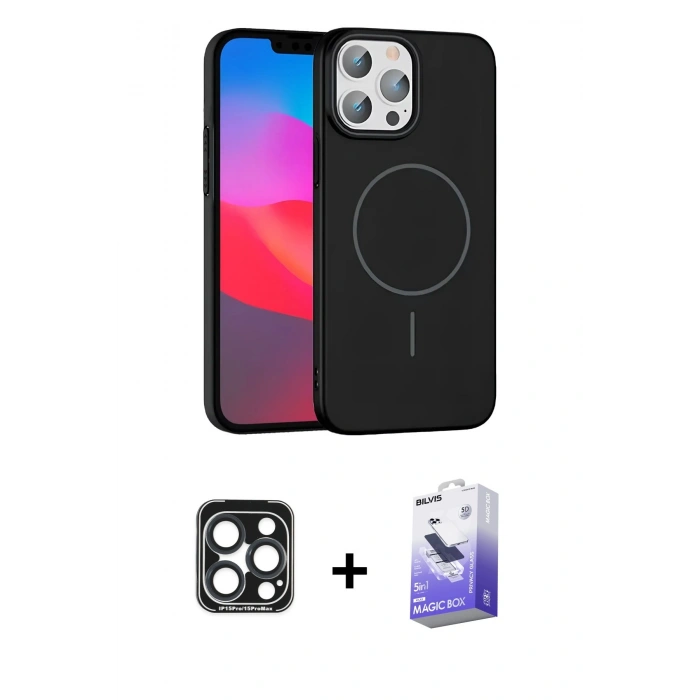 MARSİLYAN™- iPhone 15 Pro Max Kılıf Siluet Doku Özel Seri - Siyah Bilvis 5in1 5D Magic Hayalet Cam Ekran Koruyucu + PVD Metal Kamera Lens - LT