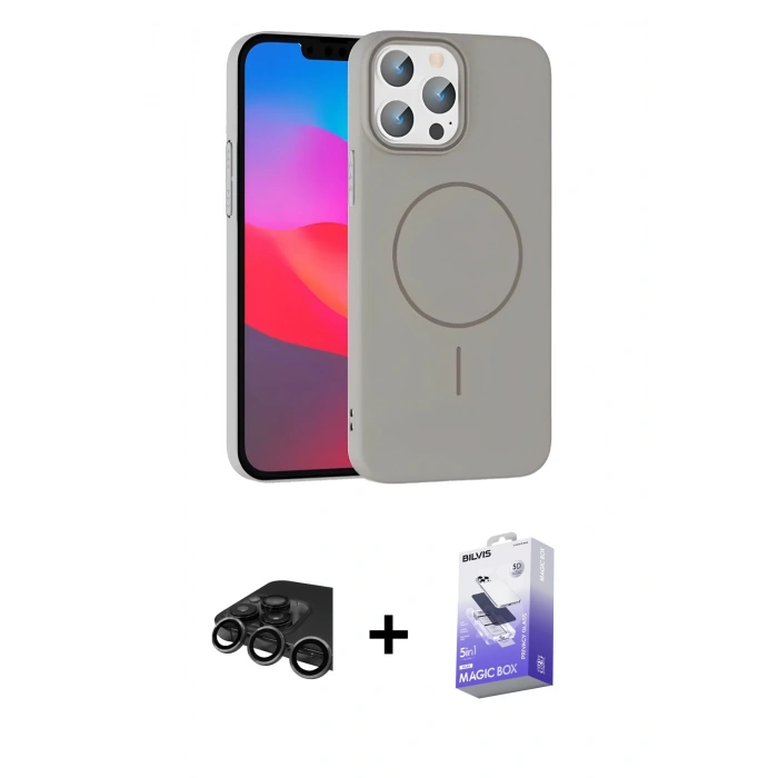 MARSİLYAN™- iPhone 15 Pro Max Kılıf Siluet Doku Özel Seri - Siyah Bilvis 5in1 5D Magic Hayalet Cam Ekran Koruyucu + Titanyum Gri Raze Metal Kamera Lens