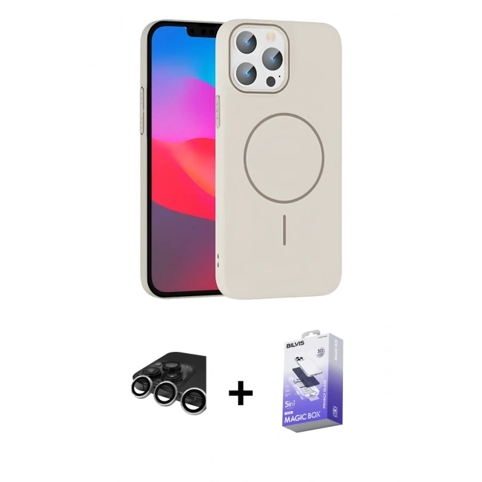 MARSİLYAN™- iPhone 15 Pro Max Kılıf Siluet Doku Özel Seri - Siyah Bilvis 5in1 5D Magic Hayalet Cam Ekran Koruyucu + Raze Metal Kamera Lens - GS