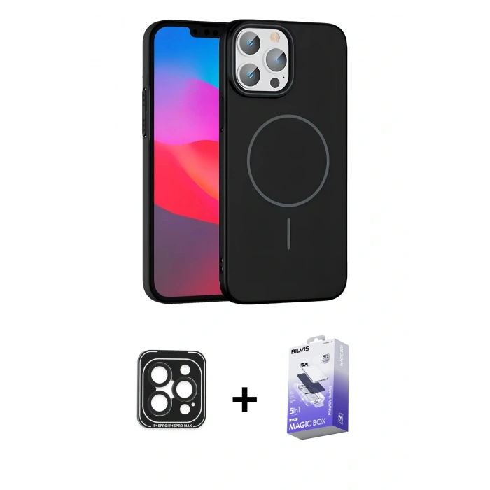 MARSİLYAN™- iPhone 15 Pro Max Kılıf Siluet Doku Özel Seri - Siyah Bilvis 5in1 5D Magic Hayalet Cam Ekran Koruyucu + PVD Metal Kamera Lens - SH