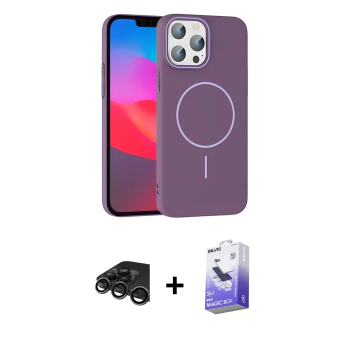 MARSİLYAN™- iPhone 15 Pro Max Kılıf Siluet Doku Özel Seri - Siyah Bilvis 5in1 5D Magic Hayalet Cam Ekran Koruyucu + Titanyum Gri Raze Metal Kamera Lens