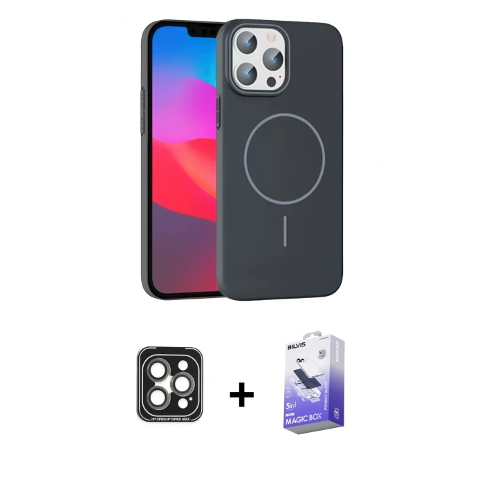 MARSİLYAN™- iPhone 15 Pro Max Kılıf Siluet Doku Özel Seri - Siyah Bilvis 5in1 5D Magic Hayalet Cam Ekran Koruyucu + PVD Metal Kamera Lens - GI