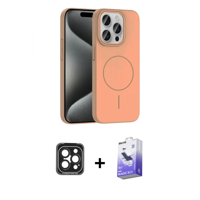 MARSİLYAN™- iPhone 15 Pro Max Kılıf Siluet Doku Özel Seri - Siyah Bilvis 5in1 5D Magic Hayalet Cam Ekran Koruyucu + PVD Metal Kamera Lens - SH