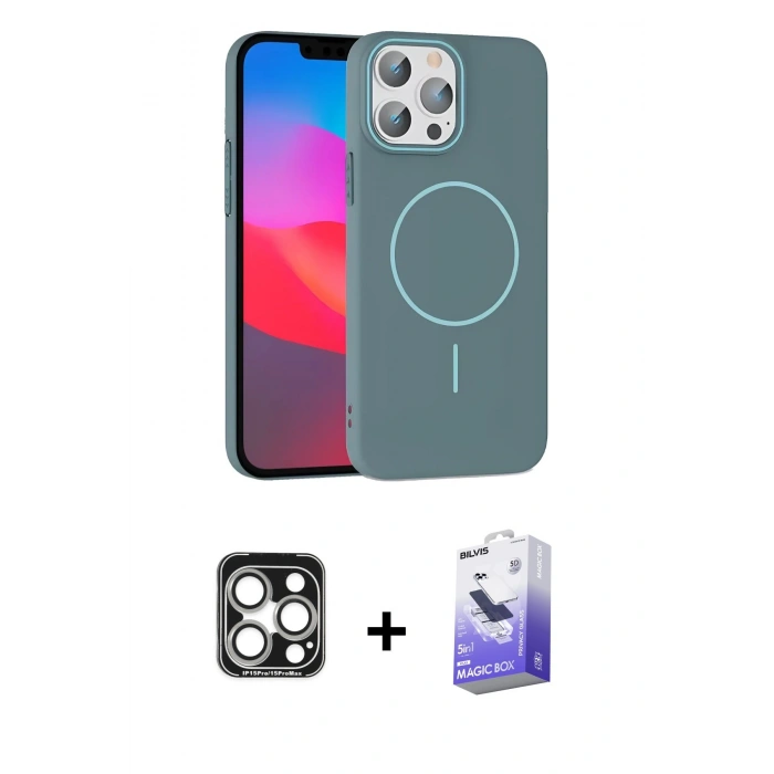 MARSİLYAN™- iPhone 15 Pro Max Kılıf Siluet Doku Özel Seri - Siyah Bilvis 5in1 5D Magic Hayalet Cam Ekran Koruyucu + Gümüş PVD Metal Kamera Lens