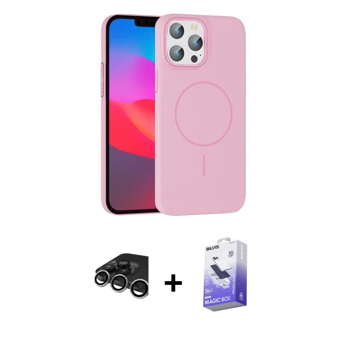 MARSİLYAN™- iPhone 15 Pro Max Kılıf Siluet Doku Özel Seri - Siyah Bilvis 5in1 5D Magic Hayalet Cam Ekran Koruyucu + Raze Metal Kamera Lens - GS