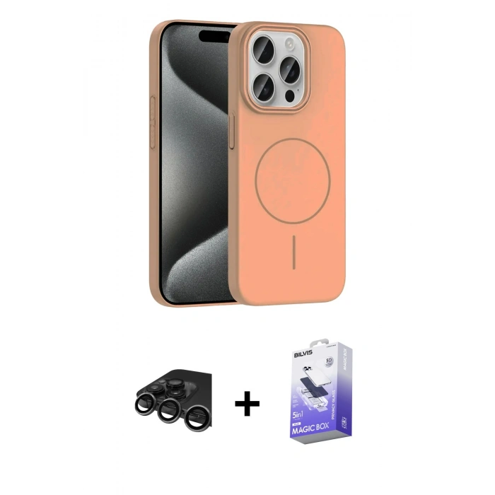 MARSİLYAN™- iPhone 15 Pro Max Kılıf Siluet Doku Özel Seri - Siyah Bilvis 5in1 5D Magic Hayalet Cam Ekran Koruyucu + Titanyum Gri Raze Metal Kamera Lens