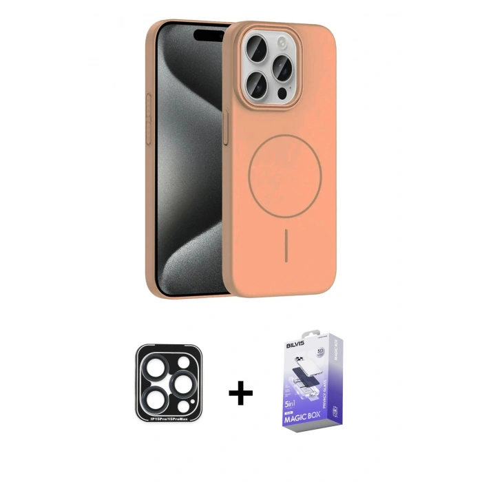 MARSİLYAN™- iPhone 15 Pro Max Kılıf Siluet Doku Özel Seri - Siyah Bilvis 5in1 5D Magic Hayalet Cam Ekran Koruyucu + PVD Metal Kamera Lens - LT