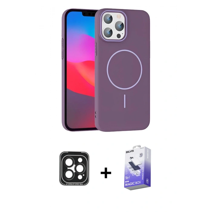MARSİLYAN™- iPhone 15 Pro Max Kılıf Siluet Doku Özel Seri - Siyah Bilvis 5in1 5D Magic Hayalet Cam Ekran Koruyucu + PVD Metal Kamera Lens - SH