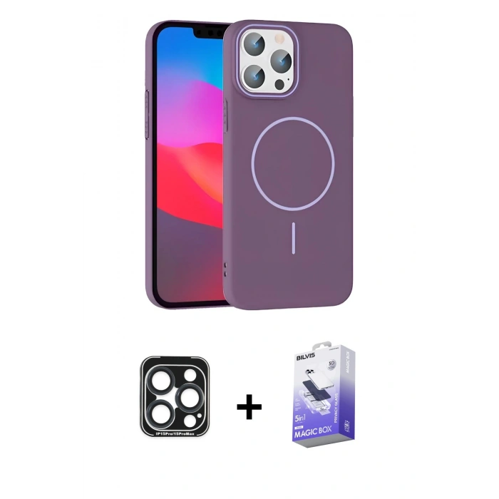 MARSİLYAN™- iPhone 15 Pro Max Kılıf Siluet Doku Özel Seri - Siyah Bilvis 5in1 5D Magic Hayalet Cam Ekran Koruyucu + PVD Metal Kamera Lens - LT