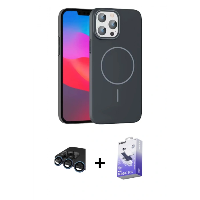 MARSİLYAN™- iPhone 15 Pro Max Kılıf Siluet Doku Özel Seri - Siyah Bilvis 5in1 5D Magic Hayalet Cam Ekran Koruyucu + Raze Metal Kamera Lens - LT