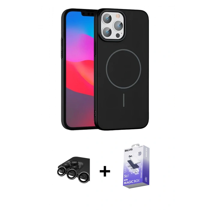 MARSİLYAN™- iPhone 15 Pro Max Kılıf Siluet Doku Özel Seri - Siyah Bilvis 5in1 5D Magic Hayalet Cam Ekran Koruyucu + Titanyum Gri Raze Metal Kamera Lens