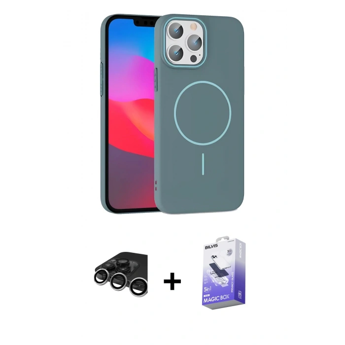 MARSİLYAN™- iPhone 15 Pro Max Kılıf Siluet Doku Özel Seri - Siyah Bilvis 5in1 5D Magic Hayalet Cam Ekran Koruyucu + Raze Metal Kamera Lens - GS