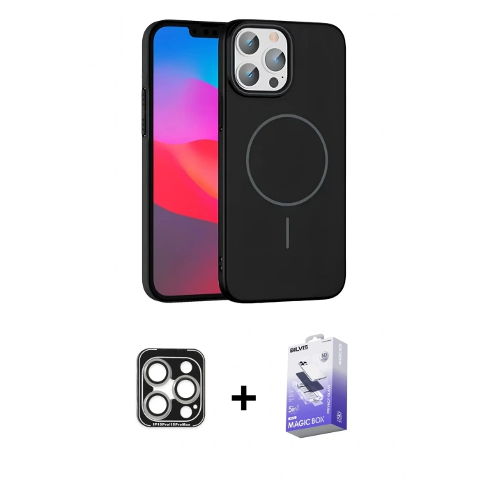 MARSİLYAN™- iPhone 15 Pro Max Kılıf Siluet Doku Özel Seri - Siyah Bilvis 5in1 5D Magic Hayalet Cam Ekran Koruyucu + Gümüş PVD Metal Kamera Lens